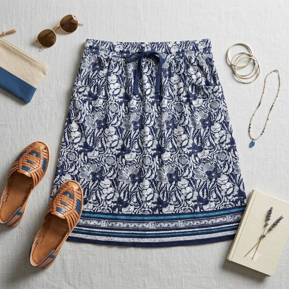 Max Studio Skirt Women S Navy Floral Drawstring Pocket Jersey Knit Casual Summer